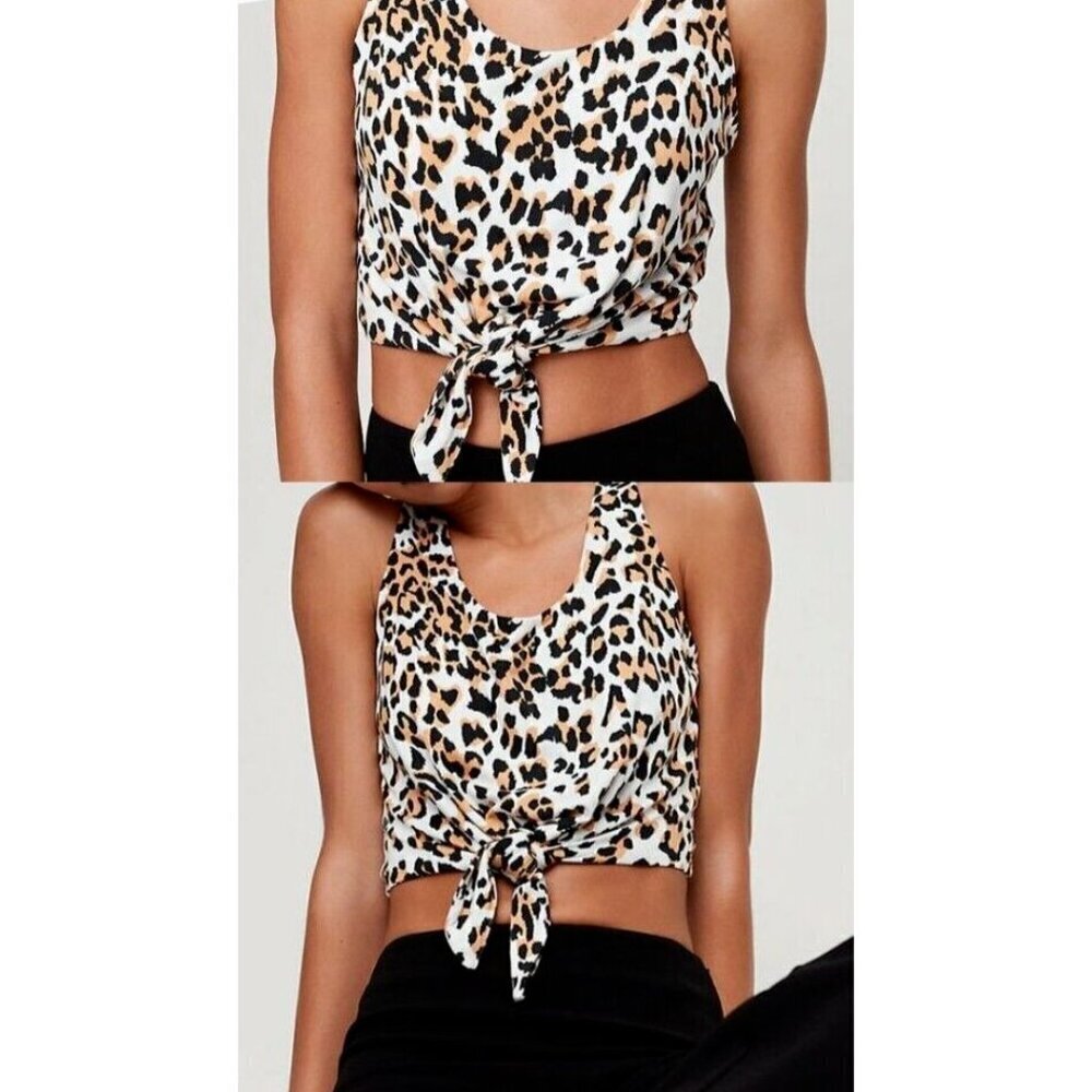 BABATON Aritzia Women Jeronimo Crop Top Size S Tan Animal Print Tie‎ Front 42-2